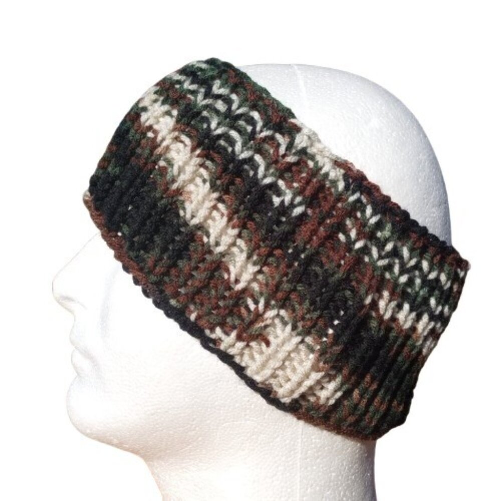 Men's Handmade Headband Circlet Bandeau Camo Black Brown Rib Knit USA Womens M/L - Picture 1 of 10